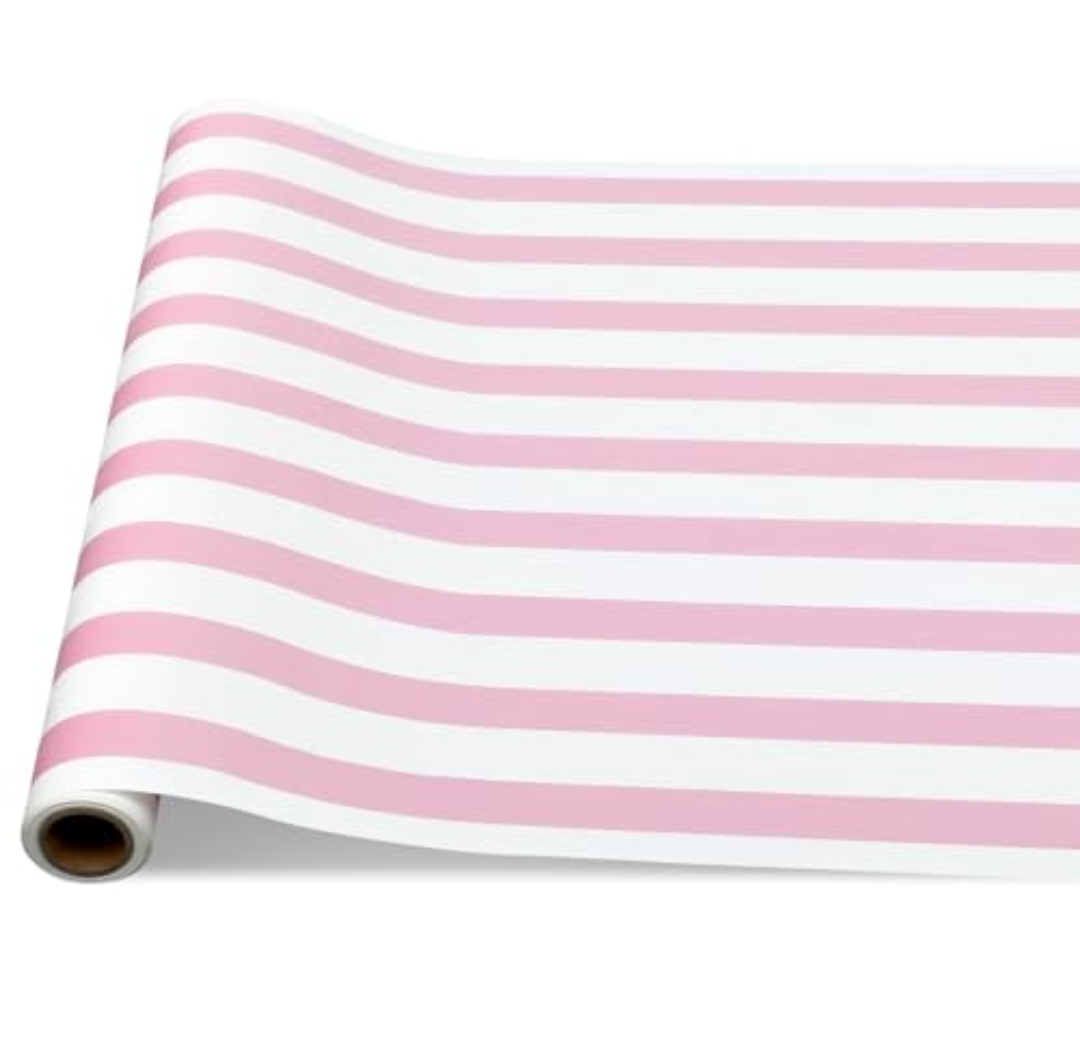 AmazingSpark Pink Striped Paper Table Runner Roll  25' Long x 16 Wide Disposable Paper Striped Table Runner for Birthday Wedding Carnival Christmas Party Kitchen Dining Tabletop Decoration