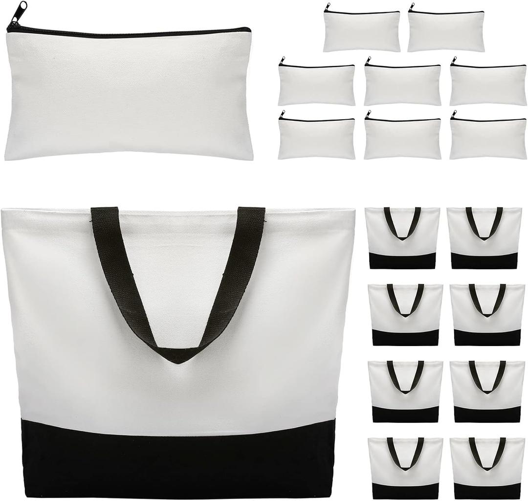 Reginary 16 Pieces Canvas Tote Bag Bulk Sublimation Blank Large Reusable Grocery Shopping Bags and Makeup Pouch Case with Zipper for Women DIY Gift Craft Cosmetic School Travel Supplies