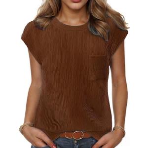 HOTOUCH Cap Sleeve Shirt Top for Womens Trendy Crew Neck Blouse Basic Textured Tshirts Tunic with Pocket S-XXL (Brown)
