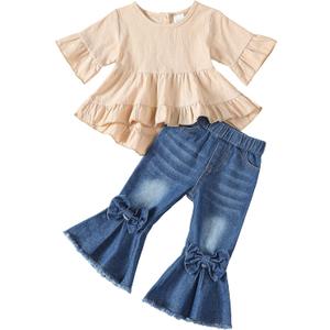 Kucnuzki Toddler Baby Girls Clothes Long Sleeve Shirt Top Flare Denim Jeans Cute Outfit Baby Girl Fall Winter Clothes (6-12 Months)