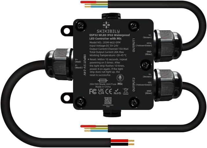 ESP32 WLED LED Controller with Mic for Music Sync, APP/Web Control, IP65 Waterproof, 5V/12V/24V WS2812B SK6812 WS2811 RGBIC Addressable LED Strip Lights, 20A Output Fuse Protection