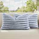 decorUhome Cozy Faux Fur Throw Pillow Covers 12x20 Set of 2 Decorative Soft Plush Striped Lumbar Modern Farmhouse Boho Couch Pillow Cases with Velvet Back for Sofa Bed Living Room, Grey White