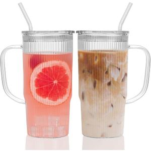 GOSCHE Glass Cups with Lids and Straws, Glass Tumbler with Handle for Iced Coffee, Tea, Juice, Smoothies, 24oz Drinking Cup with Plastic Lid for Hot & Cold Beverages, 2 Pcs GOSCHE Glass Cups with Lids and Straws, Glass Tumbler with Handle for Iced Coffee, Tea, Juice, Smoothies, 24oz Drinking Cup with Plastic Lid for Hot & Cold Beverages, 2 Pcs