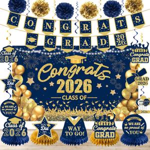 Blue Gold Graduation Decorations Class of 2026 Congrats Grad 2026 Banner and Backdrop with 2026 Graduate Party Centerpieces Hanging Swirls Streamers Tissue Pom Poms Paper Flower Set