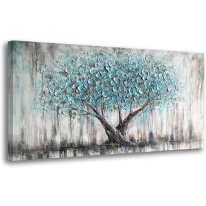Arjun Tree Wall Art Teal Blue Nature Tree of Life Abstract Canvas Painting Textured Picture, Modern Large Panoramic Landscape Artwork Framed for Living Room Bedroom Bathroom Office Home Decor 40"x20" (40L" x 20W", Blue tree)