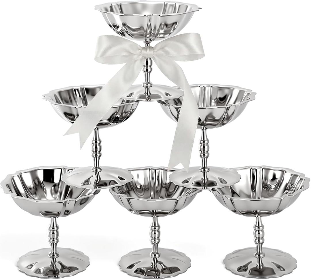 6 Pcs Stainless Steel Ice Cream Bowls Silver Tulip Sherbet Dish Serving Dessert Cup Sundae Bowls Metal Round Footed Cups for Yogurt Snack Candy Mousse Fruit Salad Wedding Party Favor