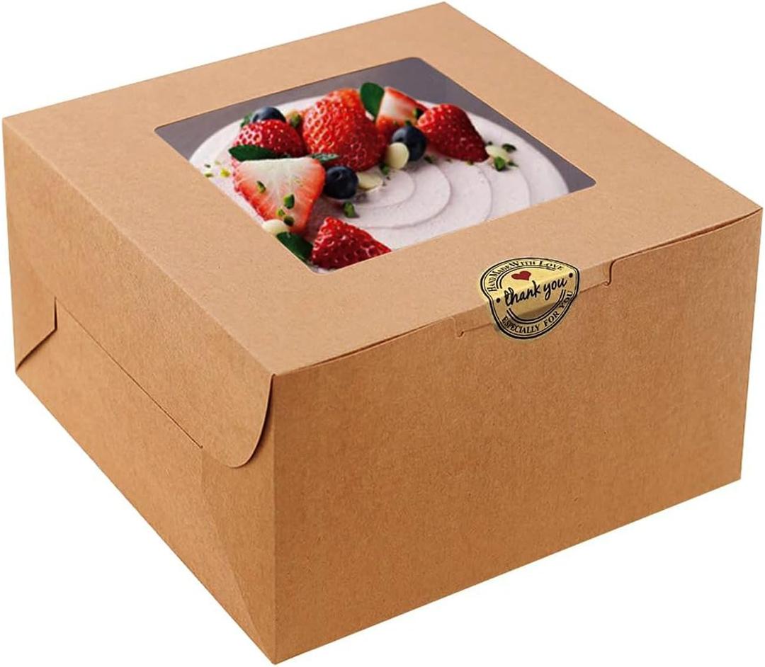 SmilerSmile 24pcs Cake Boxes 10x10x5 Inches Brown Square Bakery Boxes with Window Pastry Boxes for Cake, Pastries, Chocolates, Cookies, Pie, Birthday Party, Wedding/10 Inch