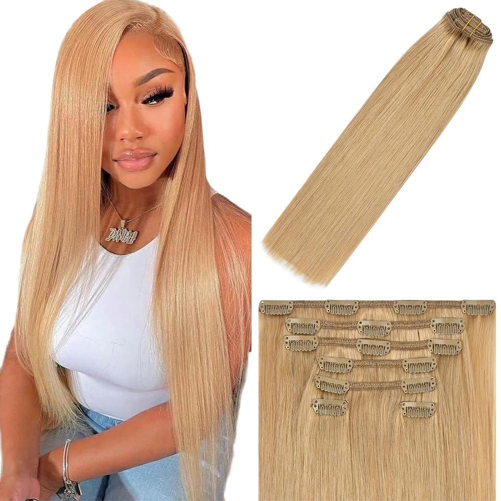 #27 Blonde Clip in Hair Extensions - 12 Inch Real Remy Soft Blonde Human Hair, 120g 7pcs,Honey Blonde Human Hair Extensions Clip ins for Women
