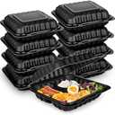 50Pack 8" X 8" 3-Compartment Clamshell To Go Food Containers With Secure Snap Lids - Heavy Duty Take out Containers Disposable To Go Plate For Carryout Meal Prep Catering (Black 3-Compartment)