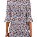 Ficerd Women's 3/4 Bell Sleeve Tops Crew Neck Pleated Shirts Trendy Dressy Casual Loose Fit Tunic Blouses(Large,Pink Blue Floral) (Pink, L)