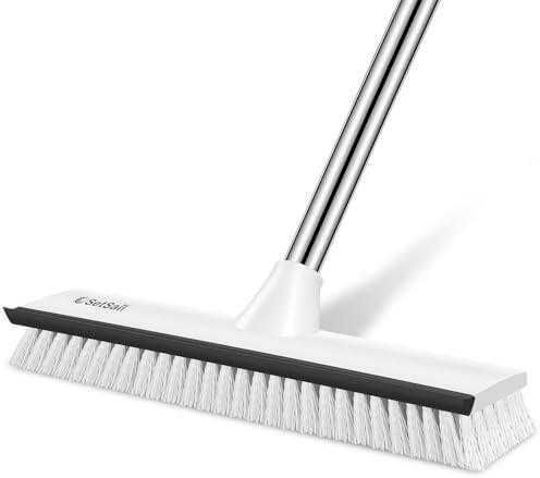 SetSail Upgraded Large 12 in Wide Floor Scrub Brush with 51-Inch Long Adjustable Handle 2 in 1 Scrape Brush Stiff Bristle Floor Scrubber for Cleaning Shower Bathroom Garage Kitchen Wall Deck Tub Tile