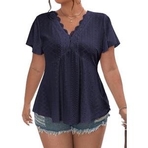 Eytino Plus Size Tops for Women Lace V Neck Short Sleeve Eyelet Embroidery Summer Blouse Loose Peplum Shirts,2X Navy Blue