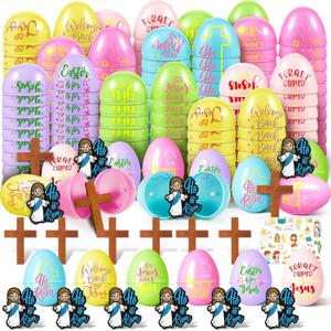 Easter Eggs with Mini Jesus Figurines Wooden Cross Religious Basket Fillers He Is Risen Plastic Easter Eggs for Party Favors Classroom Kids Prizes Game Supplies（Not Prefilled）(50 Pack)