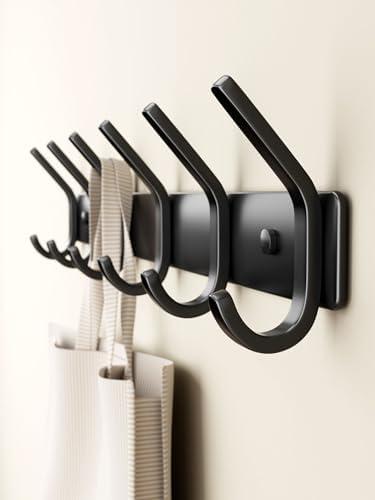 GWAAZXGZ Coat Rack Wall Mount Hooks - 15 Inch Matte Black Metal 6-Hook Organizer Wall Mounted, Modern Kids Room, Entryway & Bathroom Hanger for Beach Towels, Coats, Purses, Bags (1 Pack)