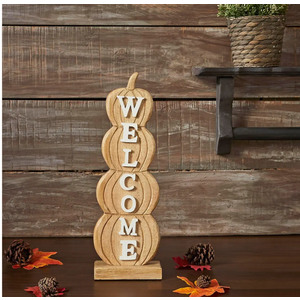 VHC Brands Tropical Wood Pumpkin Stack Welcome Wooden Sign Medium 24.5 X 8.25 X 3, Fall and Thanksgiving Home Decor for Tables and Shelves, Indoor Decorations for Tabletop