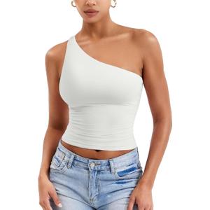 YEOREO Womens One Shoulder Tops Sleeveless Going Out Tank Top Fanciy Double Lined Cropped Tee Y2K Summer Shirts Slim Fit (Large, White)