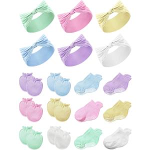 Geyoga 18 Pieces Baby Headband Newborn Socks and Mittens Sets Elastic Baby Essentials Boys Girls 0-6 Months (White, Dark Pink, Beige, Purple, Mint Green, Blue)
