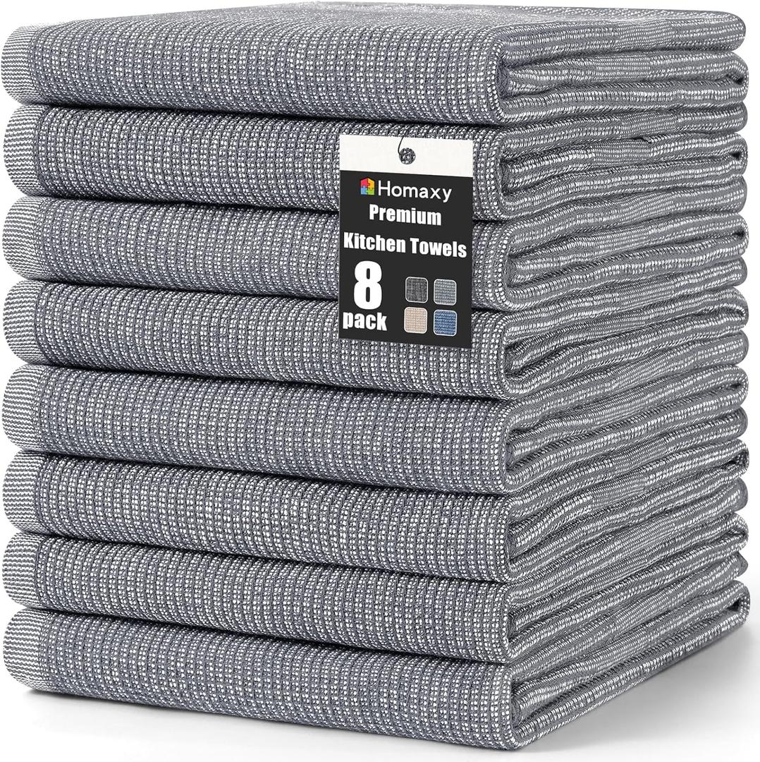 Homaxy Premium Kitchen Towels(18x 28, 8 Pack), Large Cotton Kitchen Hand Towels, Flat and Terry Dish Towels, 380 GSM Highly Absorbent Tea Towel Set with Hanging Loop, Grey