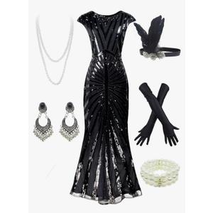 Women 1920S Gatsby Sequin Mermaid Formal Evening Dress with 20s Accessories Costume L Women 1920S Gatsby Sequin Mermaid Formal Evening Dress with 20s Accessories Costume L