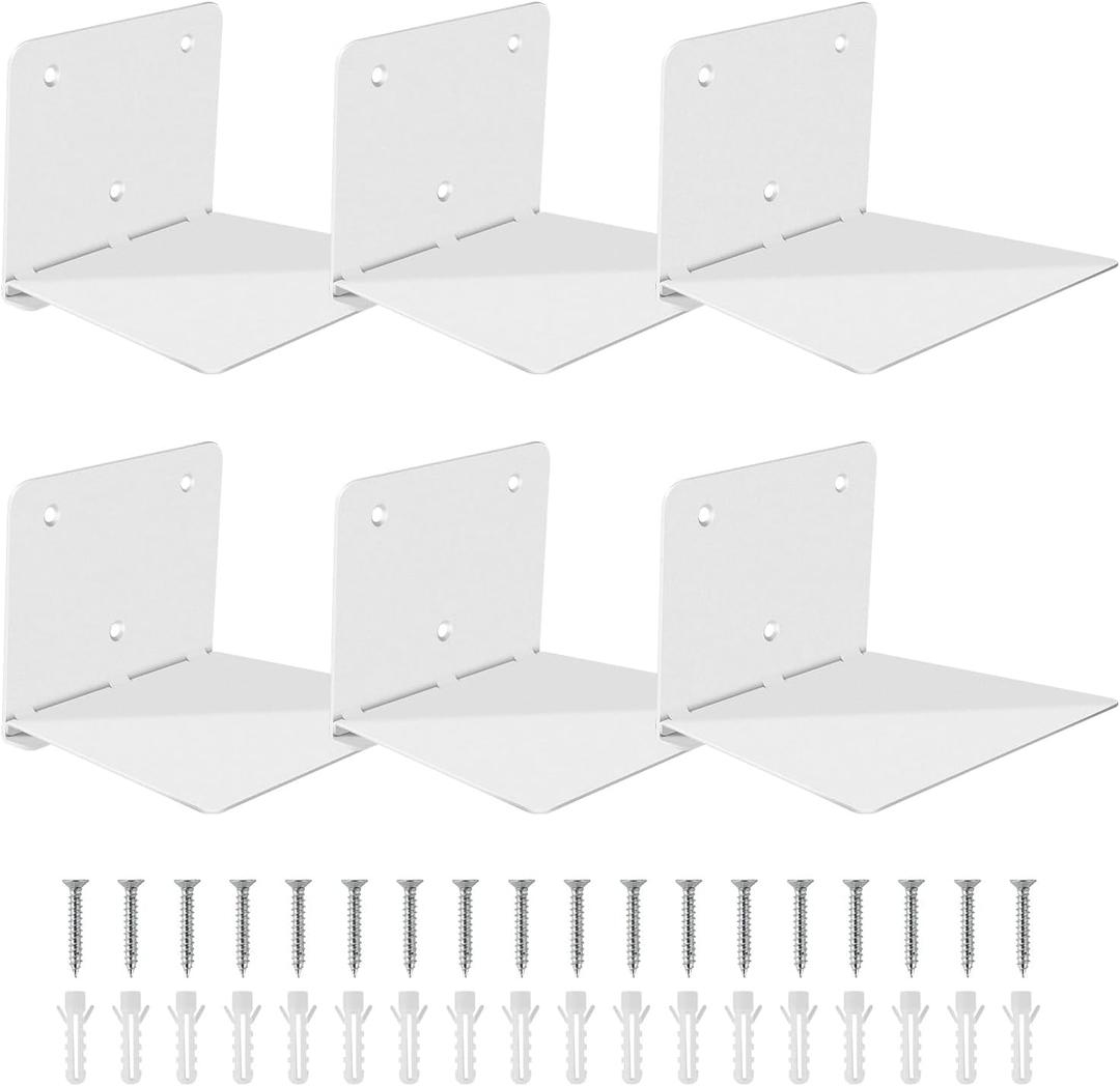 FENTEC Floating Book Shelves for Wall, Wall Mounted Invisible Floating Bookshelf, Heavy-Duty Hanging Bookshelves, Hidden Book Shelf Metal Wall Book Holder for Bedroom Home Office, 6-Pack White