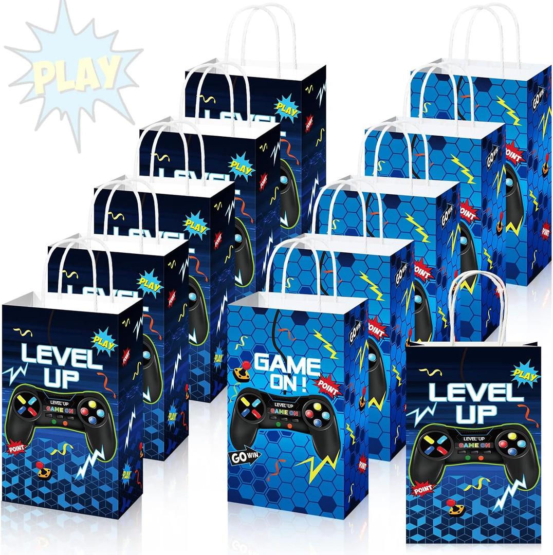 Saypacck 30 Pcs Video Game Party Gift Bags Gamer Theme Party Supplies Level up Paper Handbag Goodie Bag with Handle Gaming Favors for Birthday(Blue)