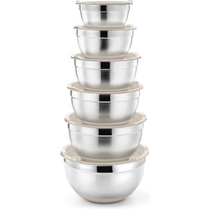 P&P CHEF Mixing Bowls With Lids, Set of 6, Stainless Steel Nesting Mixing Bowls & Fitting Lids & Non-Slip Silicone Bottom, Ideal for Mixing, Storing, Size 0.7/1/1.5/2.5/3/4.6 Qt, Khaki