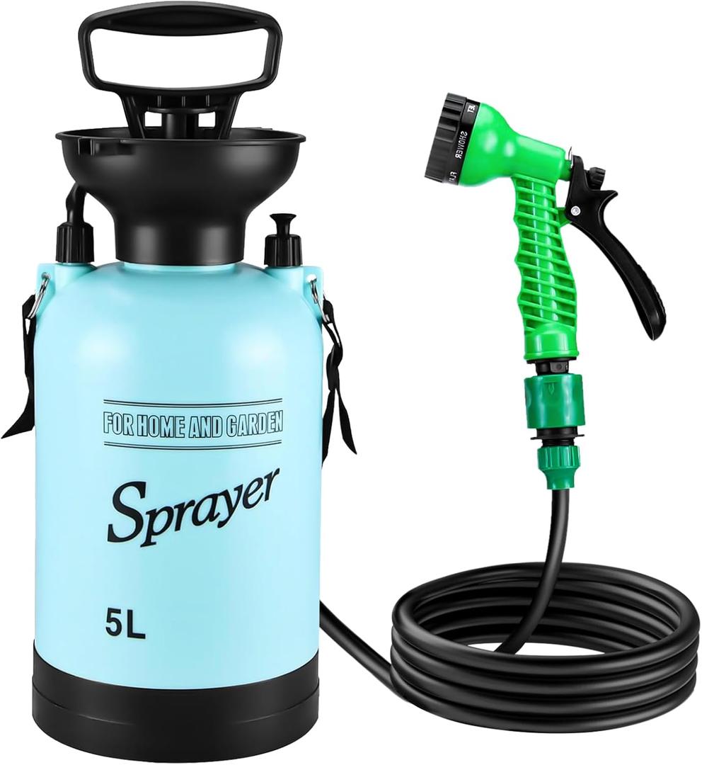 Vevitts Portable Pressure Sprayer Shower 5L for Camping with 7 Spray Modes, Hand Press Camping Shower with Hose and Shower Head, Hiking Traveling Shower Garden Sprayer Pet Shower Blue