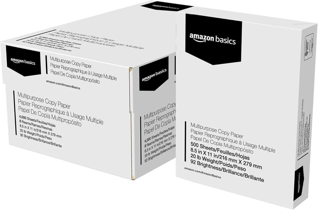 Amazon Basics Multipurpose Copy Printer Paper, 8.5" x 11", 20 lb, 8 Reams, 4000 Sheets, 92 Bright, White (8 Reams | 4000 Sheets)