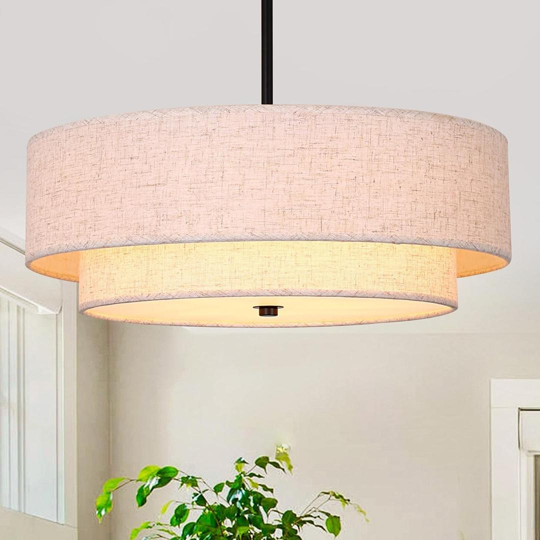 Black Modern Chandelier 18'' Linen Drum Chandeliers with Fabric Lampshade Pendant Light Fixture 3-Light Farmhouse Chandeliers for Dining Room Bedroom Kitchen Hallway Foyer