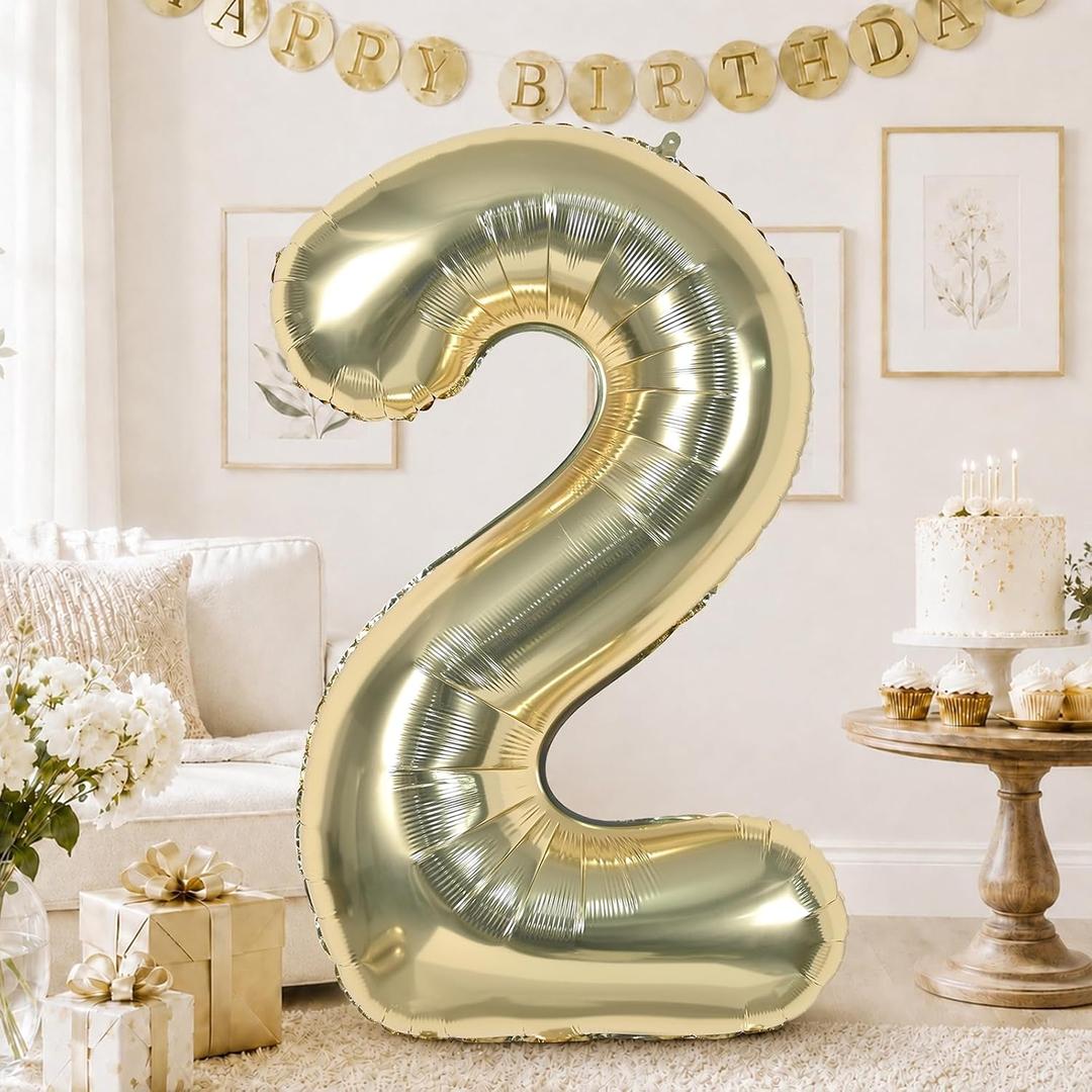 3 x Champagne Gold 40 Inch Balloon Number 2, Large Light Gold Foil Number 2 Balloons Set 0-9 for Girls Boys, Digital 2 Helium Balloon for Women Boho Baby Shower Anniversary 2nd Birthday Party Decorations