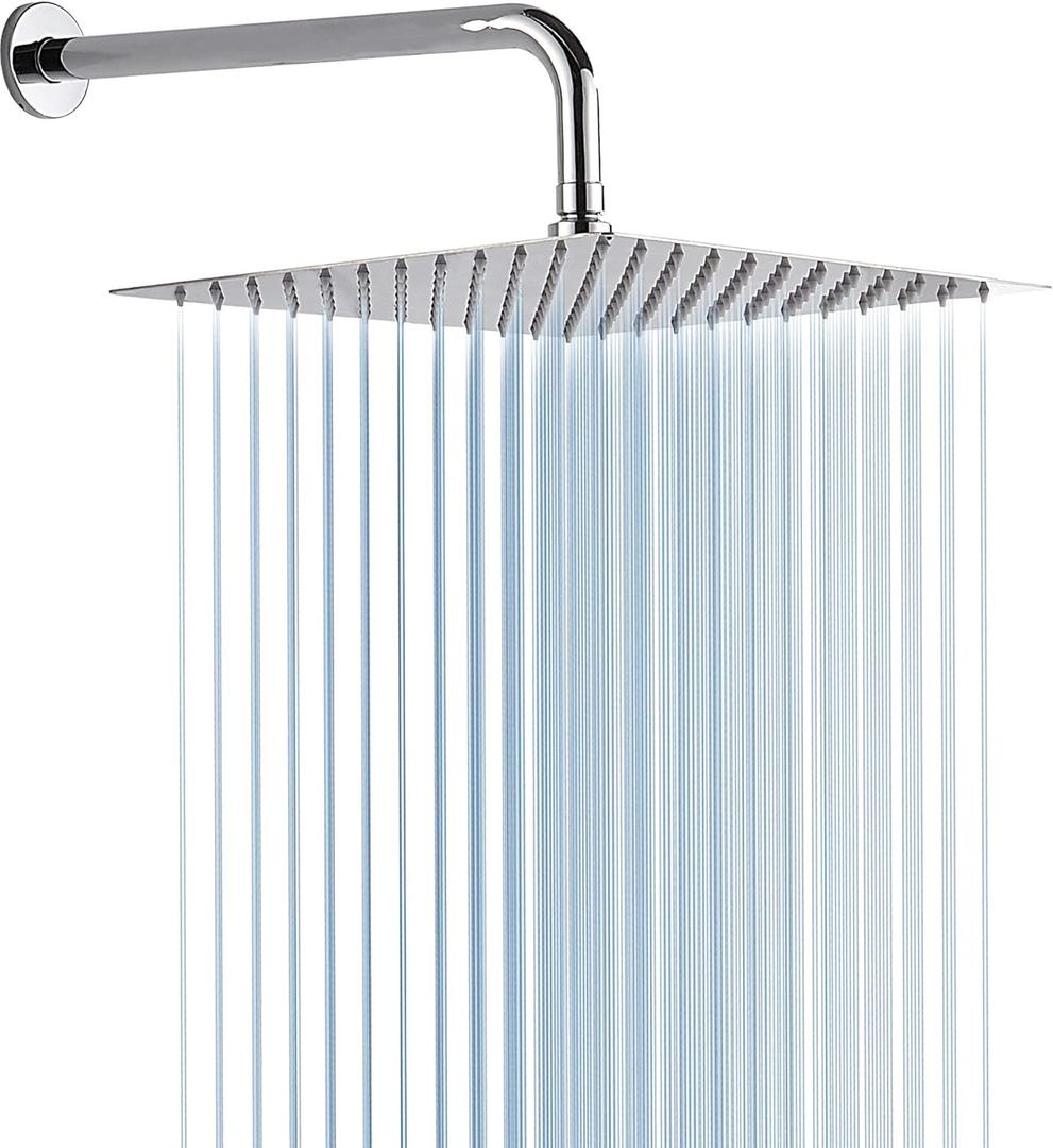 RODDEX Square Rain Shower Head, High Pressure Rainfall Showerhead, Large Fixed Stainless Steel Polished Chrome Shower Rain, 12 Inch Rainhead and 15 Inch Extension Arm