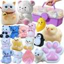 6 x Squishy Toys Set Storage Box - Kawaii Cute Mochi Taba Squishies Slow Rising, Stress Relief Fidget Pack Kids Adults, Includes Orange Cat, Chicken, Paw, Milk Bear Squeeze Toys Set