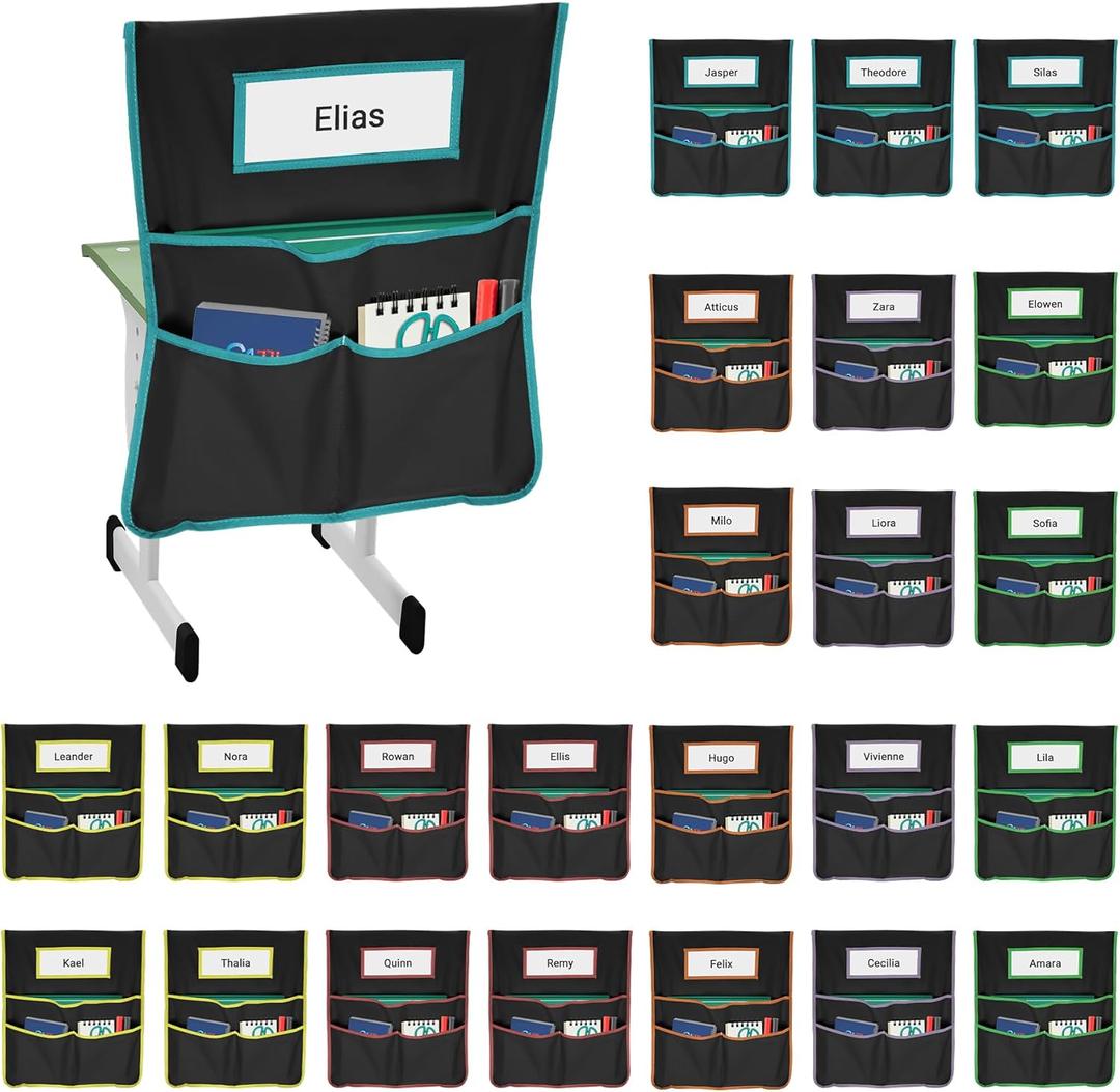 24 Pack Chair Pockets for Classrooms, 20 x 17 Inch Seat Sacks for Classroom Chairs k-2 with Name Slots, Tags and 3 Pockets, Suitable for Kindergarten, School, Home, Office (Black)