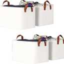 KEEGH Storage Baskets for Organizing, Fabric Storage Bins with Leather Handles, Shelf Baskets for Closet Organization, 15" L x 11" W x 10" H, White, 4 Pack