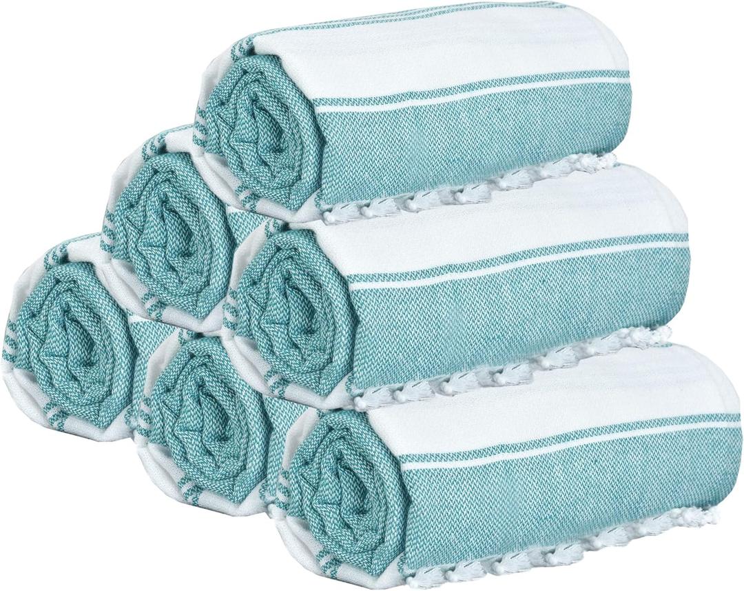GLAMBURG Peshtemal Turkish Beach Towel Cotton Oversized 36x71 Set of 6 for Adults, Soft Durable Absorbent Extra Large Hammam Bath Sheet - Teal