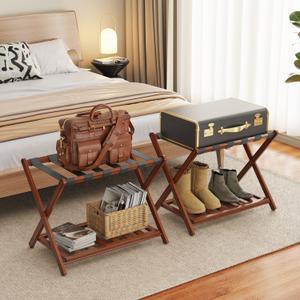 BAMBOOHOMIE 2 Pack Bamboo Luggage Rack for Guest Room, 26.77" Folding Wide Suitcase Stand with Storage Shelf, Thickened Luggage Stand Holder for Bedroom Hotel, Luggage Rack for Suitcases (Brown)