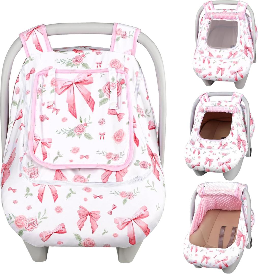 Car Seat Cover Baby Girls Winter, Dual Zipper Infant Carseat Covers with Breathable Mesh, Universal & Warm Protection Canopy Snug Fit Baby Carseats & Strollers, Pink Rose