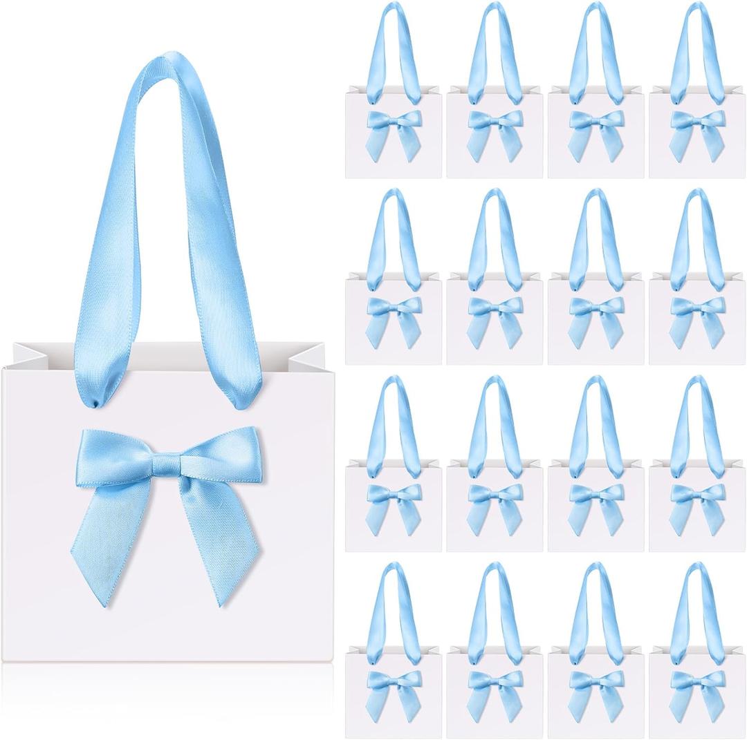 Kolldenn 50 Pcs No DIY Small Gift Bags with Blue Bow Ribbon 4''x2.7''x4.5'' Mini White Paper Thank You Bags Bulk with Handle for Baby Shower Wedding Party Favor Birthday Return Guests