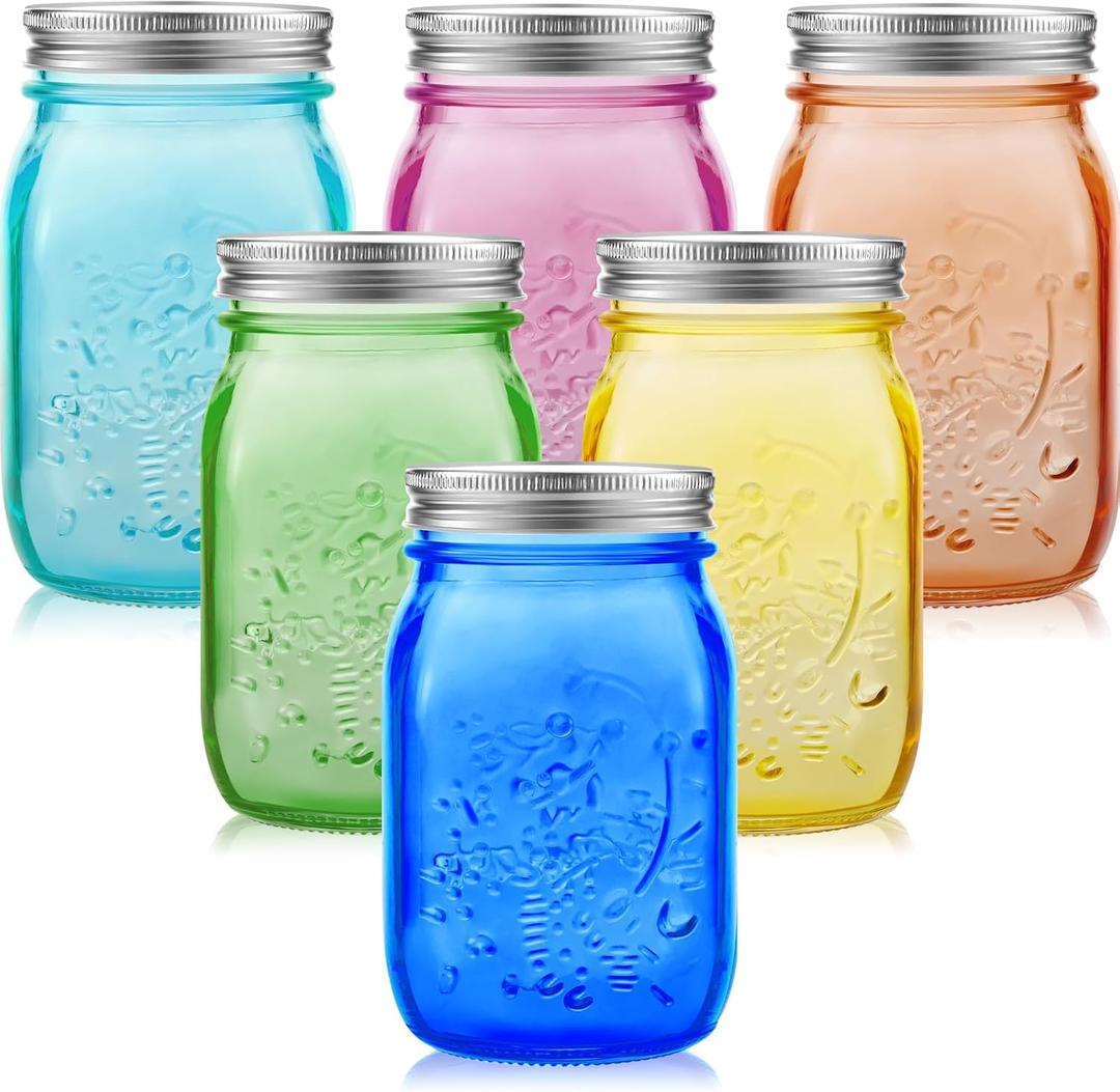 Tessco 6 Pcs 16 oz Colored Mason Jars with Lids Regular Mouth Glass Canning Jar for DIY Crafts Flower Decor, Storage, Canning, Pickling, Preserving, Fermenting, Dishwasher Not Allowed(6 Colors)