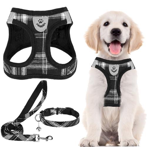 PUPTECK Adjustable Dog Harness Collar and Leash Set Step in No Pull Pet Harness for Small Medium Dogs Puppy and Cats Outdoor Walking Running, Soft Mesh Padded Reflective Vest Harnesses, Black XL