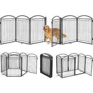 Full Metal Free Standing Dog Gate with Door for Indoor Barriers,144'' Extra Wide 32'' Tall Dog Gate for Doorways,Large Openings,Decks,Freestanding Portable Pet Fence(6 Panels,Black)