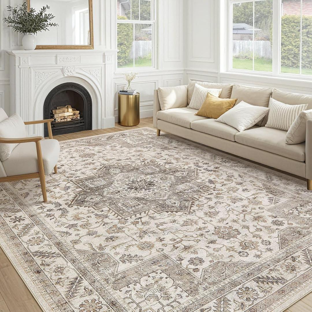 Vintage Living Room Area Rug 9x12 - Large Soft Washable Oriental Traditional Distressed Farmhouse Rugs for Bedroom - Indoor Floor Accent Carpet for Home Office House Decor - Light Brown