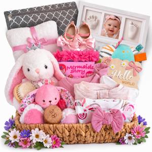 Luxury 36 Pcs Baby Girl Gift Basket Premium Newborn Essentials, Baby Shower Gender Reveal Gifts,Baby Books Blanket Footie Pajamas Portable Diaper Changing Pad,Baby Gift Basket for Girls,Large,Pink