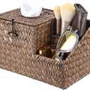 Sumnacon Square Woven Tissue Box Cover - Decorative Cube Tissue Box Holder with Side Organizer, Rustic Seagrass Tissue Box for Living Room Vanity Night Stand Table Countertop Office,Coffee