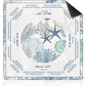 Blue and White Coastal Beach Mahjong Mat with Rules for Table 31.5x31.5, Gifts for Mahjong Players, Nautical Starfish Coral Non-Slip Noise Reduction Mahjong Table Mat, Blue Beach Gifts Decor for Women