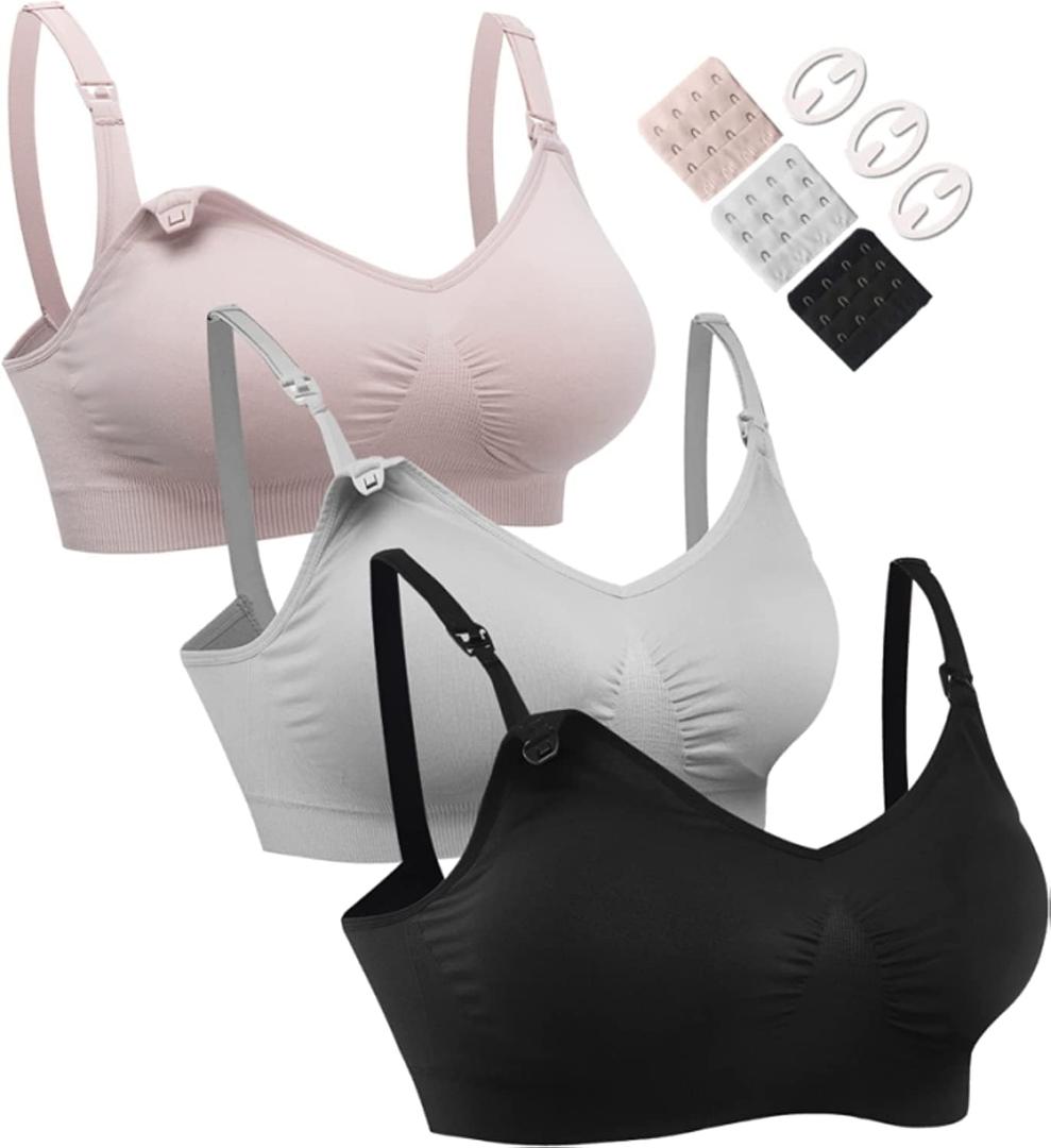 HOFISH 3PACK Full Bust Seamless Nursing Maternity Bras Bralette S-XXL with Extra Bra Extenders & Clips (Large, Black /Grey /Elegant Pink)