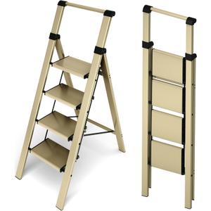 HillhutApex 4 Step Foldable Aluminum Step Ladder with Handgrip, Anti-Slip Pedal, 330 lbs Capacity, Lightweight & Portable for Home, Kitchen, Office, Garage (Gold)