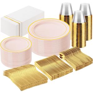 GATHER 350PCS Pink Plastic Plates - Disposable Plastic Dinnerware Set Include 100 Pink Plates, 150 Silverware, 50 Napkins, 50 Cups for Party & Wedding (Pink and Gold)