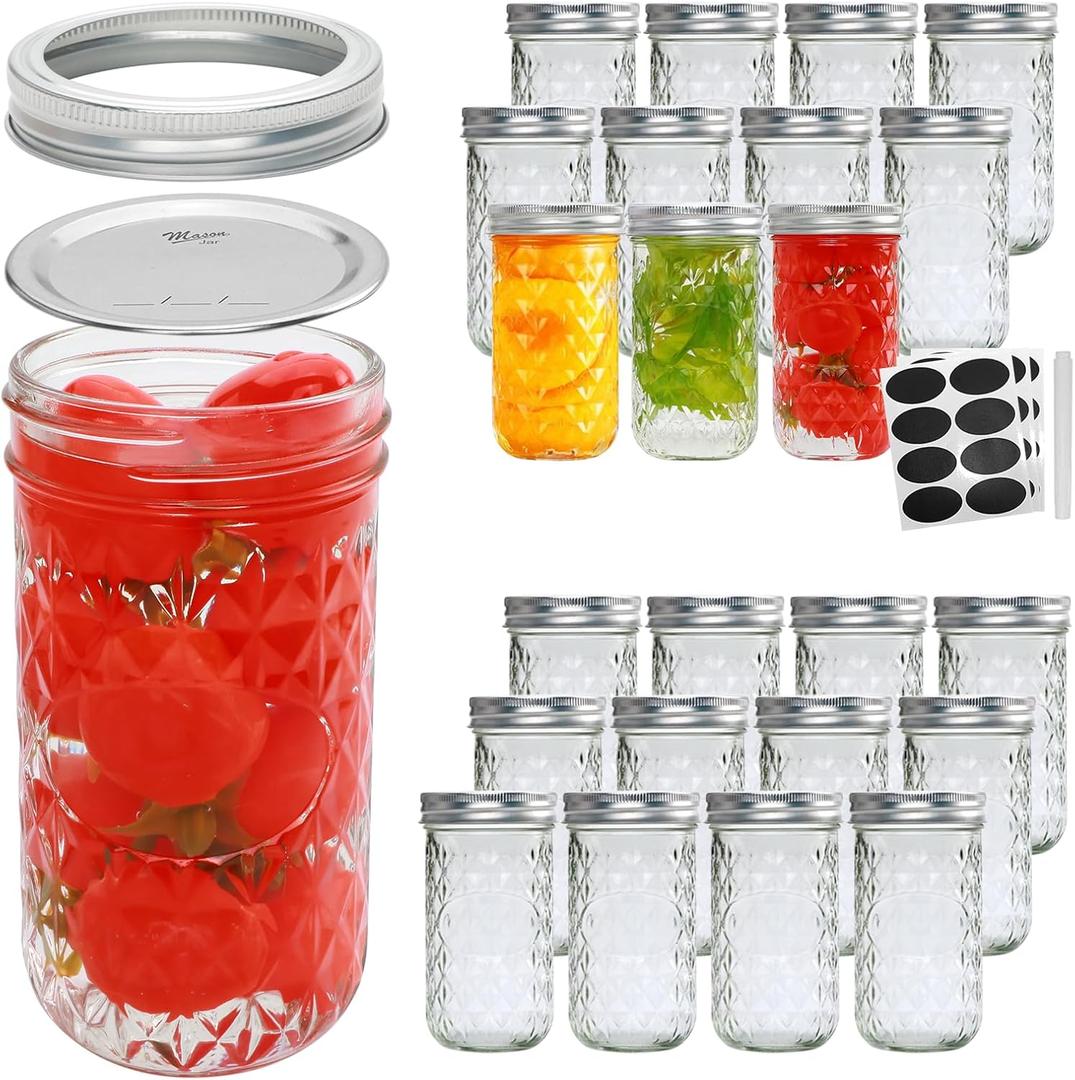 Flrolove Mason Jars 12 OZ,Canning Jars with Lids 24PACK,Glass Jam Jars, Jelly Jars with Airtight Lids,Ideal for Canning, Preserving, Honey, Wedding Favors, Shower Favors