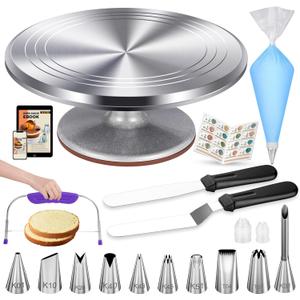Kootek 51 Pcs Cake Decorating Kit, 12" Aluminum Alloy Cake Turntable, 10 Numbered Icing Tips, Offset and Straight Spatulas, Cake Leveler, Pastry Bags Baking Supplies
